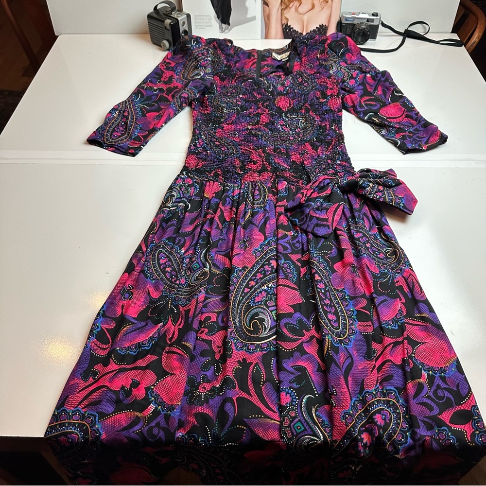 Vintage 1990s Paisley Drop Waist Midi Dress Purple Pink Bow Detail Boho - Picture 3 of 12